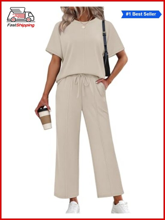 Pants - ✨ Two Piece Lounge Set Short Sleeve Wide Leg Cropped Pants Travel Vacation